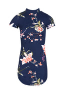 Navy Floral High Neck Dress