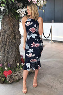 Navy Floral High Neck Fishtail Dress