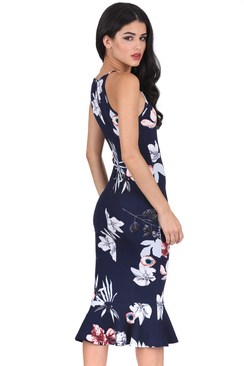 Navy Floral High Neck Fishtail Dress