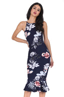 Navy Floral High Neck Fishtail Dress