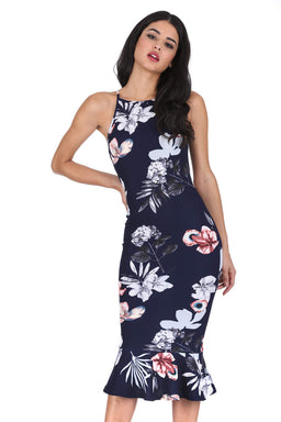 Navy Floral High Neck Fishtail Dress – AX Paris
