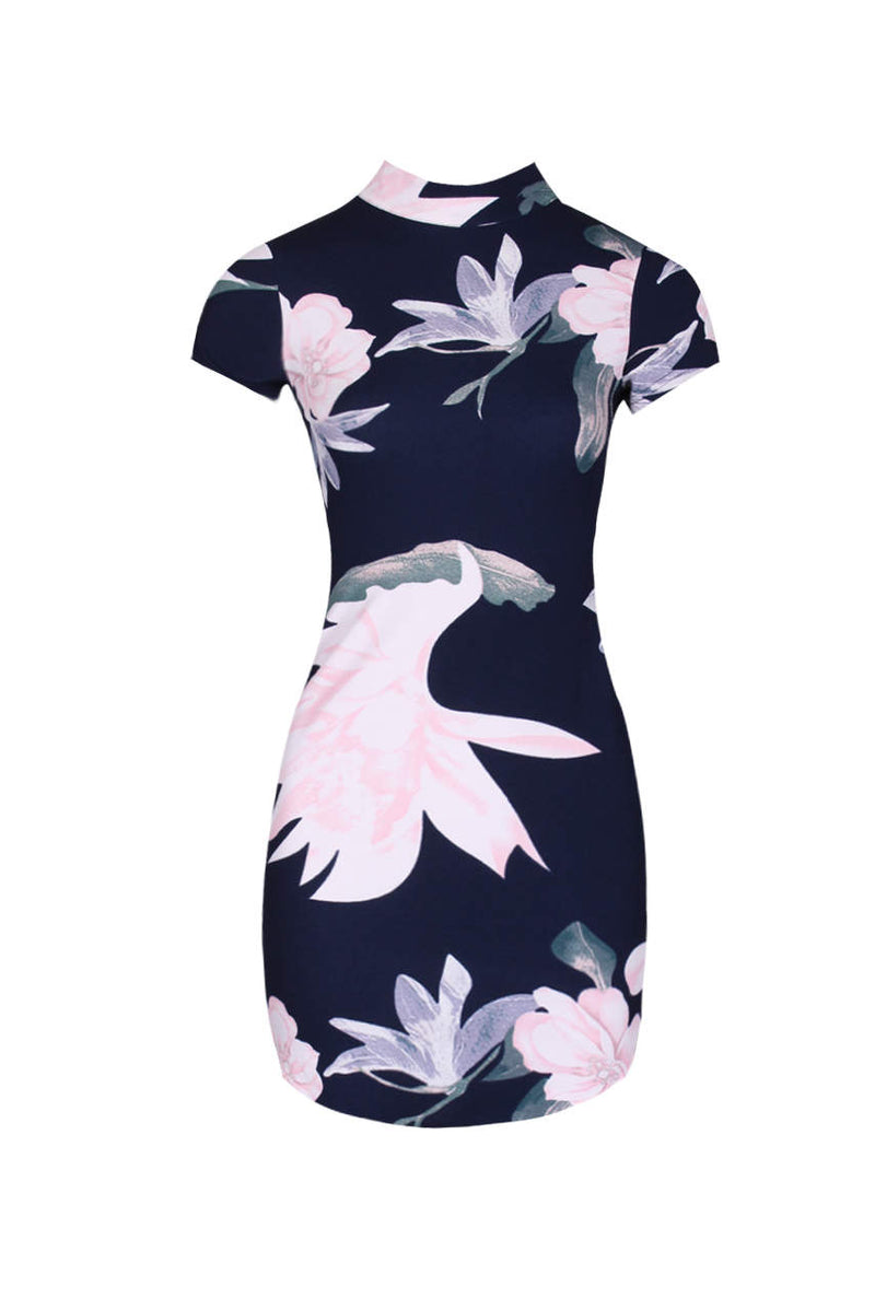 Navy Floral High Neck Mini Dress