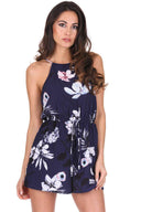 Navy Floral High Neck Strappy Playsuit