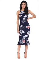 Navy Floral High Neck Fishtail Dress