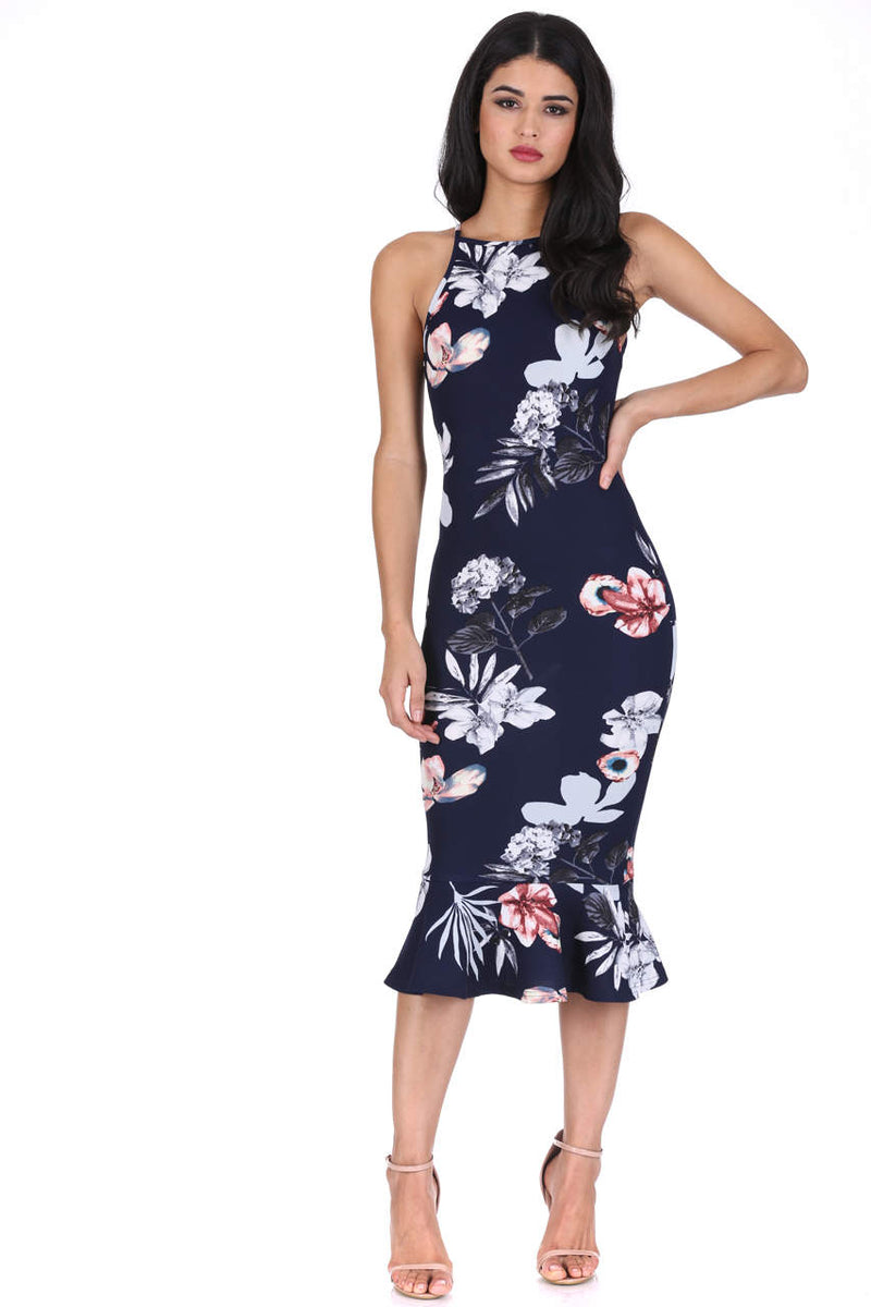 Navy Floral High Neck Fishtail Dress – AX Paris