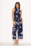 Navy Floral High Neck Print Jumpsuit With Tie Front