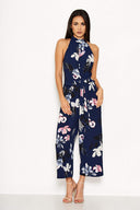 Navy floral high neck print jumpsuit with tie front on sale