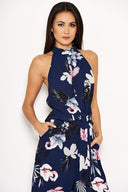 Navy Floral High Neck Print Jumpsuit With Tie Front