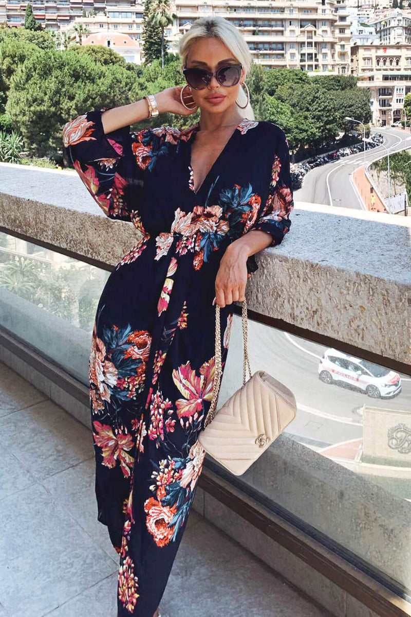 Navy Floral Kimono Sleeve Maxi Dress – AX Paris