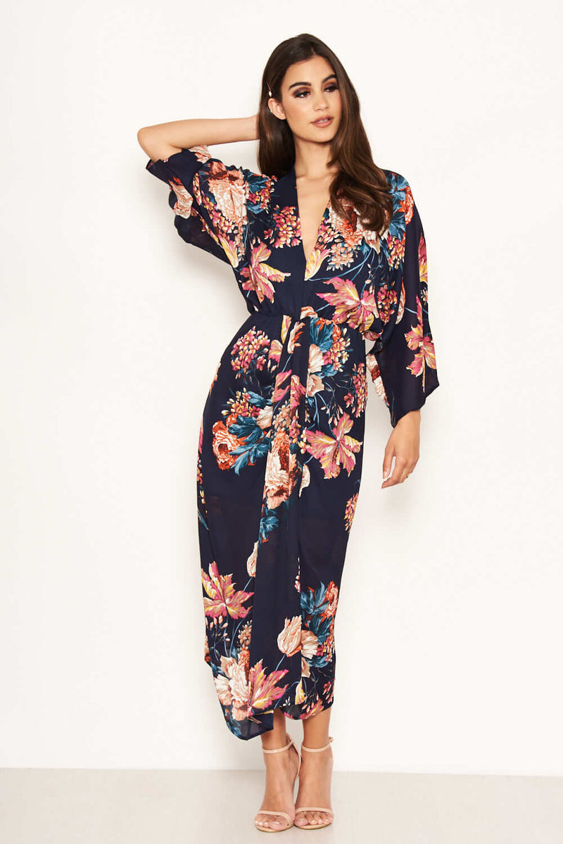 Navy Floral Kimono Sleeve Maxi Dress AX Paris Navy Floral Kimono Sleeve Maxi Dress AX Paris