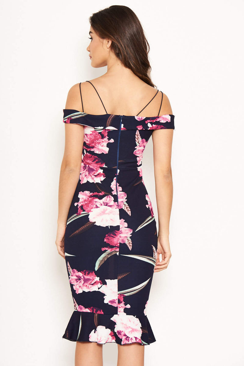 Navy Floral Midi Dress With Delicate Straps