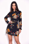 Navy Floral Mini Dress With Crochet Waist