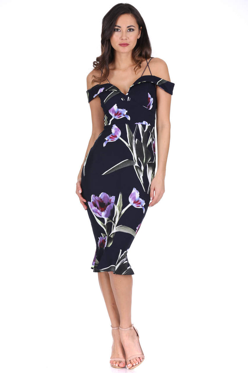 Navy Floral Off The Shoulder Midi Fishtail Dress