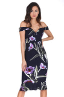 Navy Floral Off The Shoulder Midi Fishtail Dress