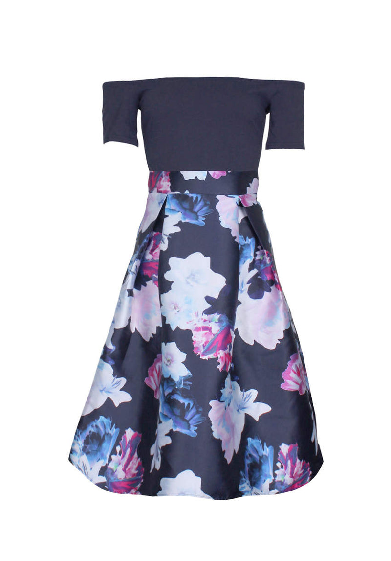 Navy Floral Off The Shoulder Printed Dress