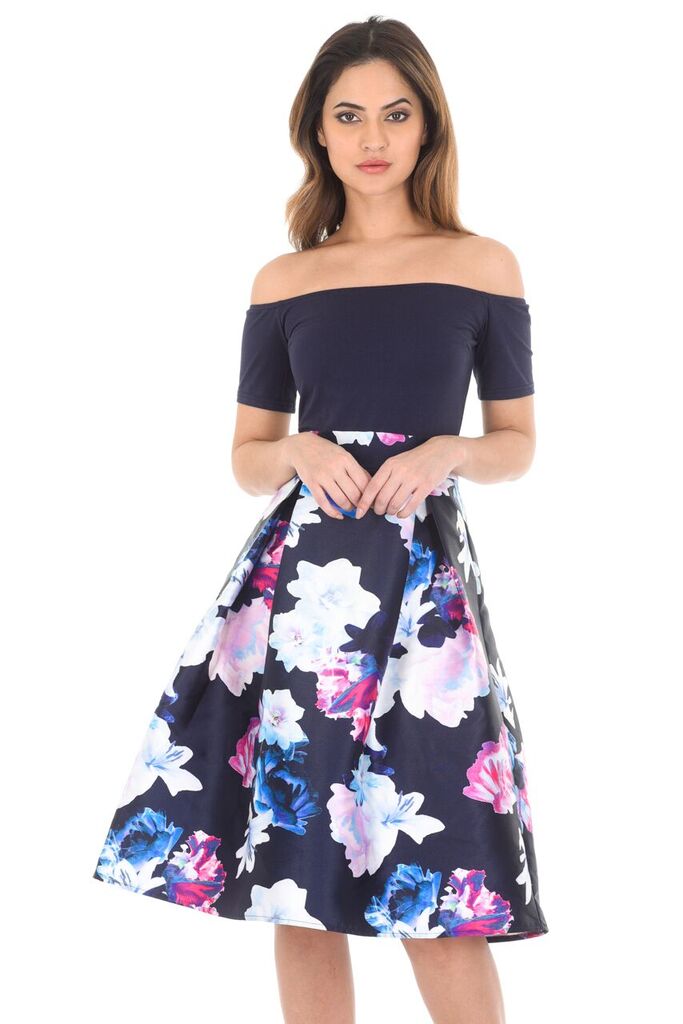 Navy Floral Off The Shoulder Printed Dress AX Paris Navy Floral Off The Shoulder Printed Dress AX Paris