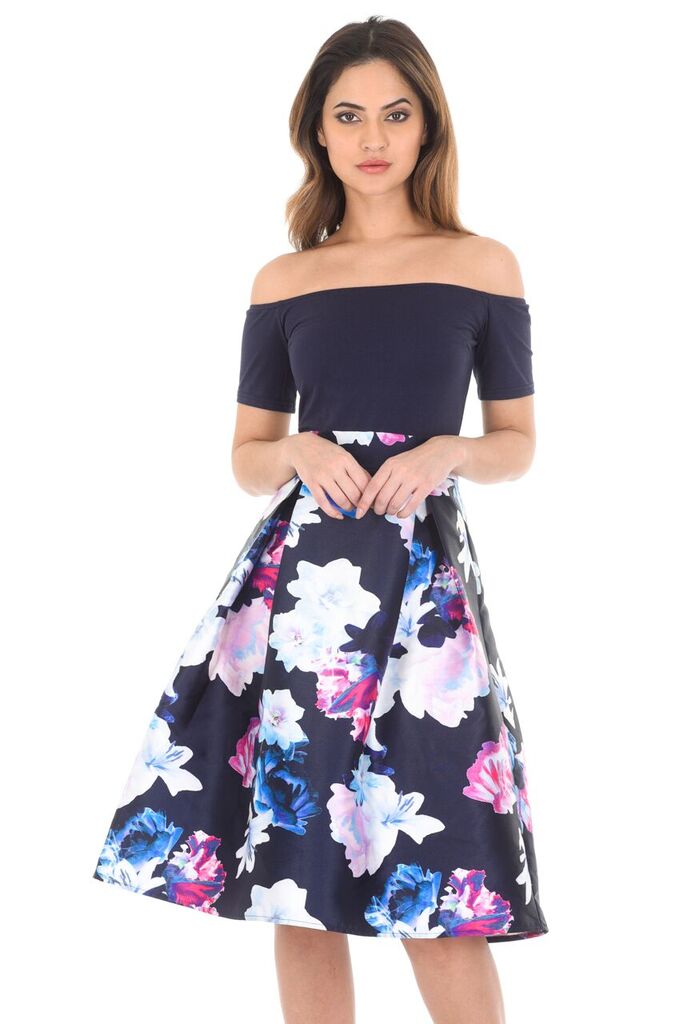 Navy Floral Off The Shoulder Printed Dress