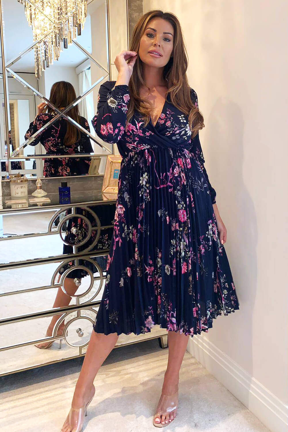 navy floral long sleeve pleated midi dress navy floral long sleeve pleated midi dress Tamsin Navy Floral Embroidered Midi Dress with Tiered Skirt Frock and Frill
