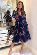 Navy Floral Pleated Dress