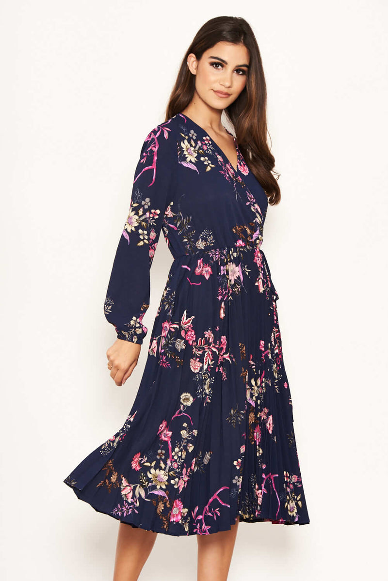 Navy Floral Pleated Dress – AX Paris