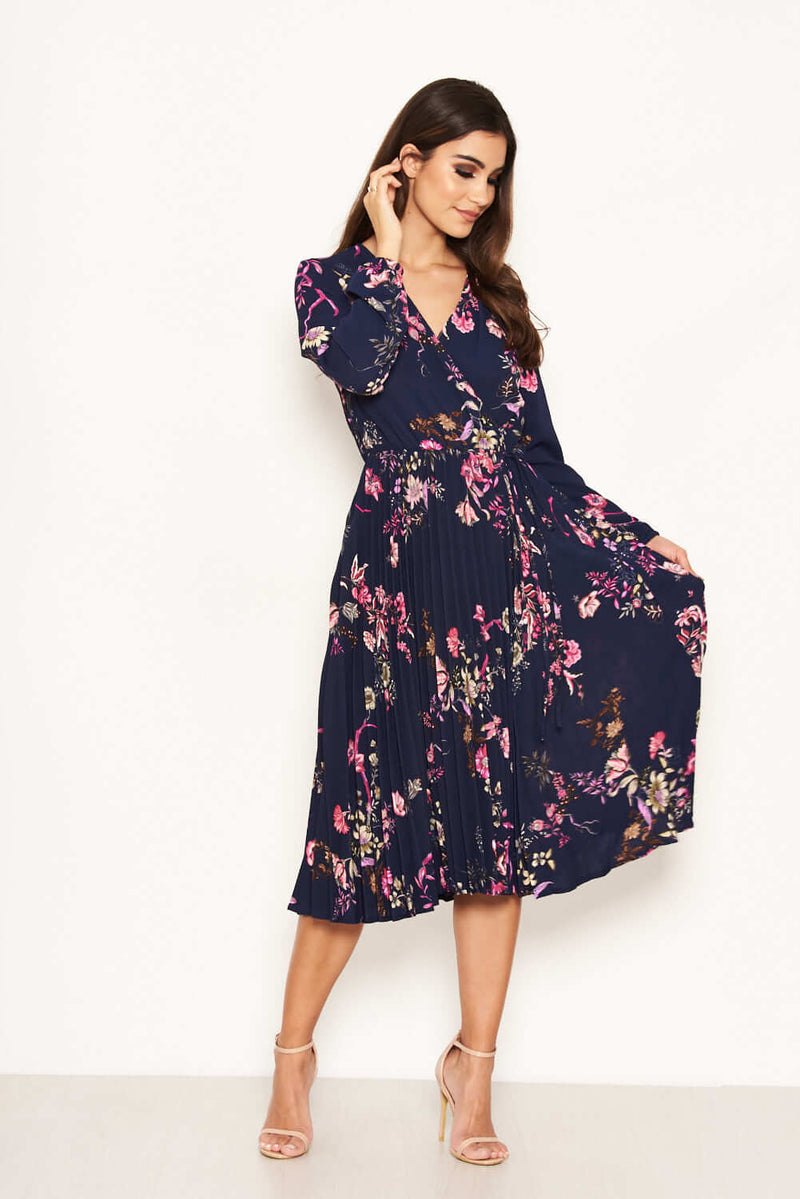 Navy Floral Pleated Dress – AX Paris