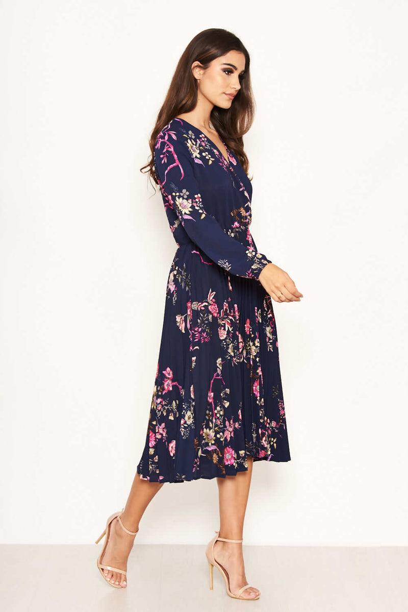 Navy Floral Pleated Dress AX Paris