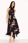 Navy Floral Print Choker Maxi Dress