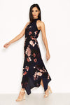 Navy Floral Print Choker Maxi Dress