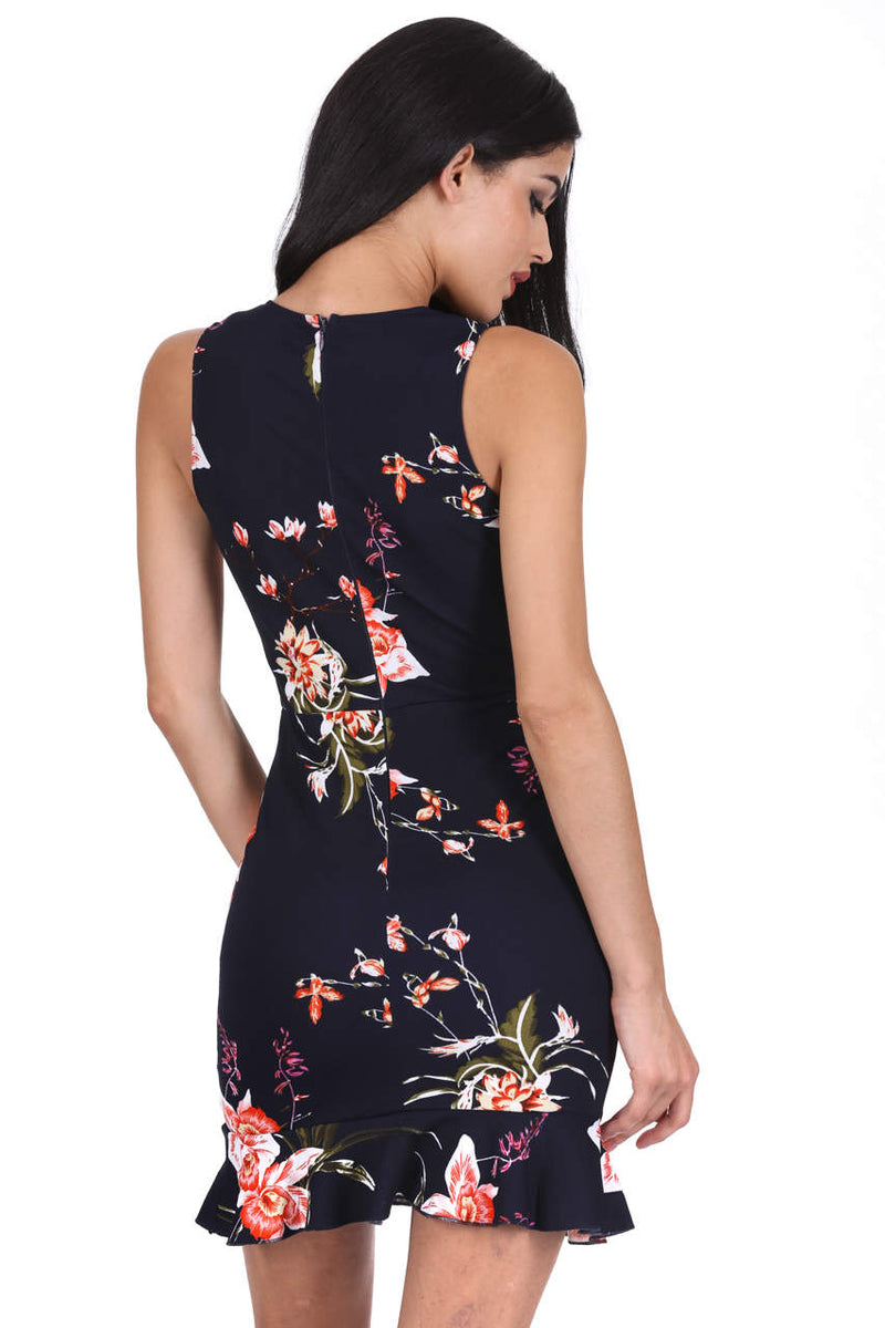 Navy Floral Print Frill Hem Dress