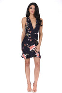 Navy Floral Print Frill Hem Dress