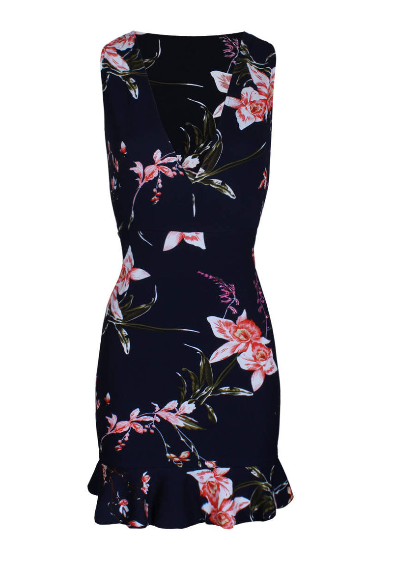 Navy Floral Print Frill Hem Dress