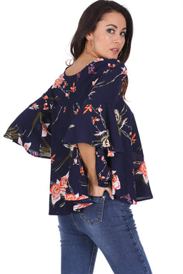 Navy Floral Print Flared Blouse
