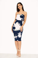 Navy Floral Print Front Notch Bodycon Dress