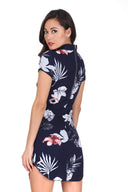 Navy Floral Print High Neck Mini Dress