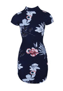 Navy Floral Print High Neck Mini Dress