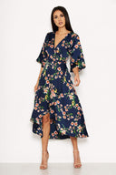 Navy Cold Shoulder Floral Wrap Midi Dress