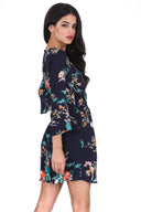 Navy Floral Print Tie Waist Dress