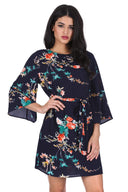 Navy Floral Print Tie Waist Dress