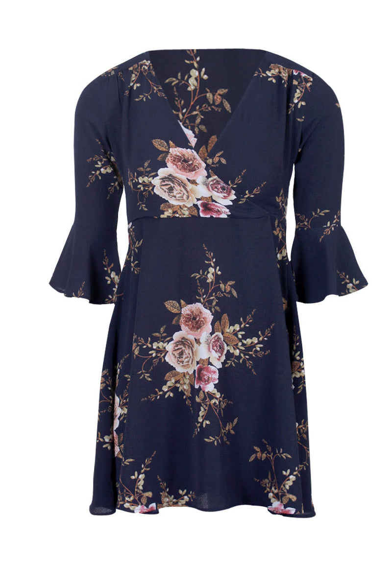 Navy Floral Print Wrap Over Skater Dress