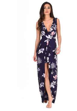 Navy Floral Print Wrap Skirt Playsuit