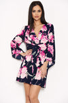 Navy Floral Print Wrap-Style Dress