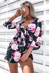 Navy Floral Print Wrap-Style Dress