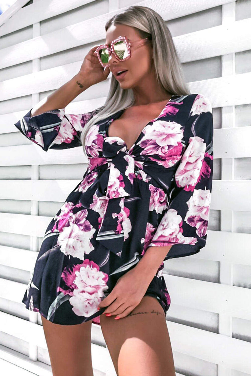 Ax paris navy floral print wrap dress hotsell