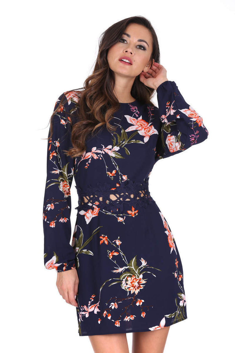 Navy Floral Print Crochet Waistband Dress