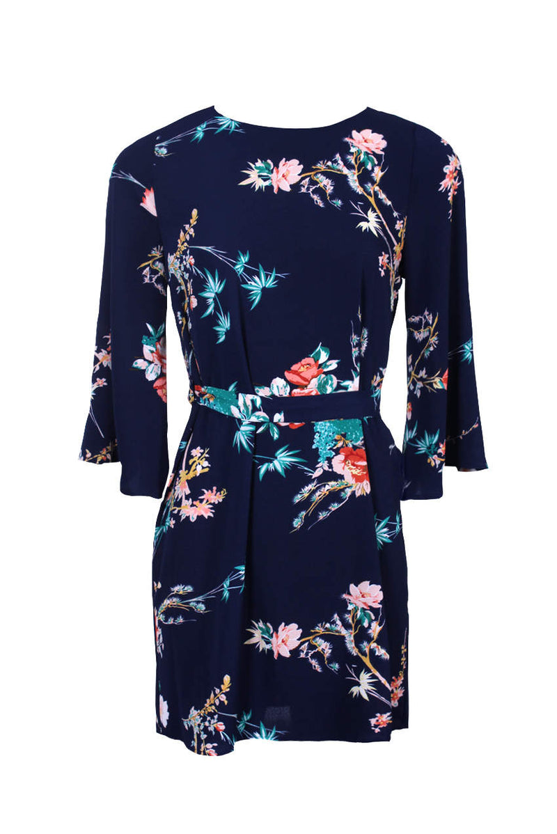 Navy Floral Print Tie Waist Dress