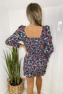 Navy Floral Printed Shirred Bodycon Dress
