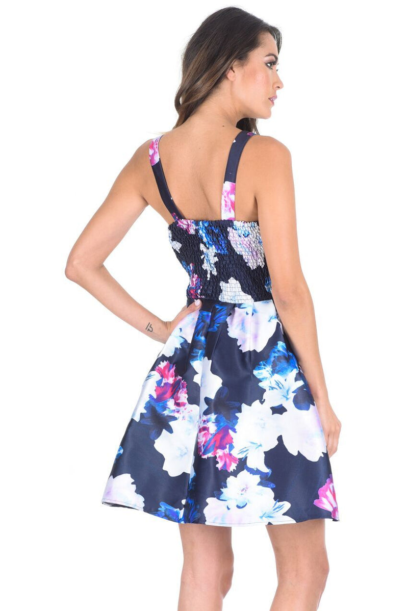 Navy Floral Printed Skater Dress With Elasticated Back