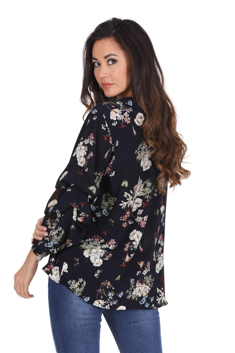 Navy Floral Ruched Sleeved Top