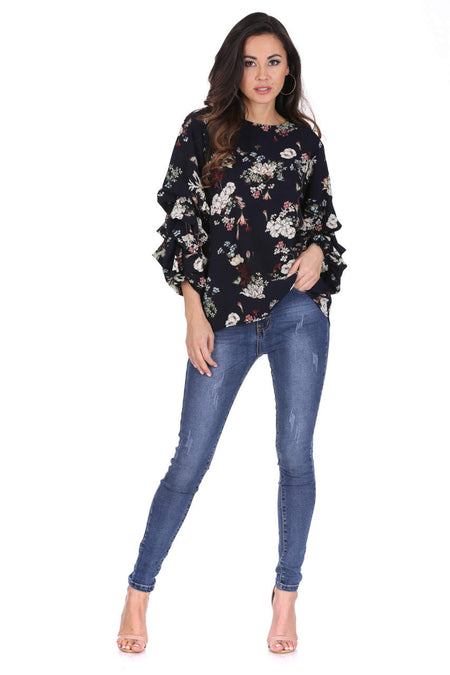 Navy Floral Ruched Sleeved Top