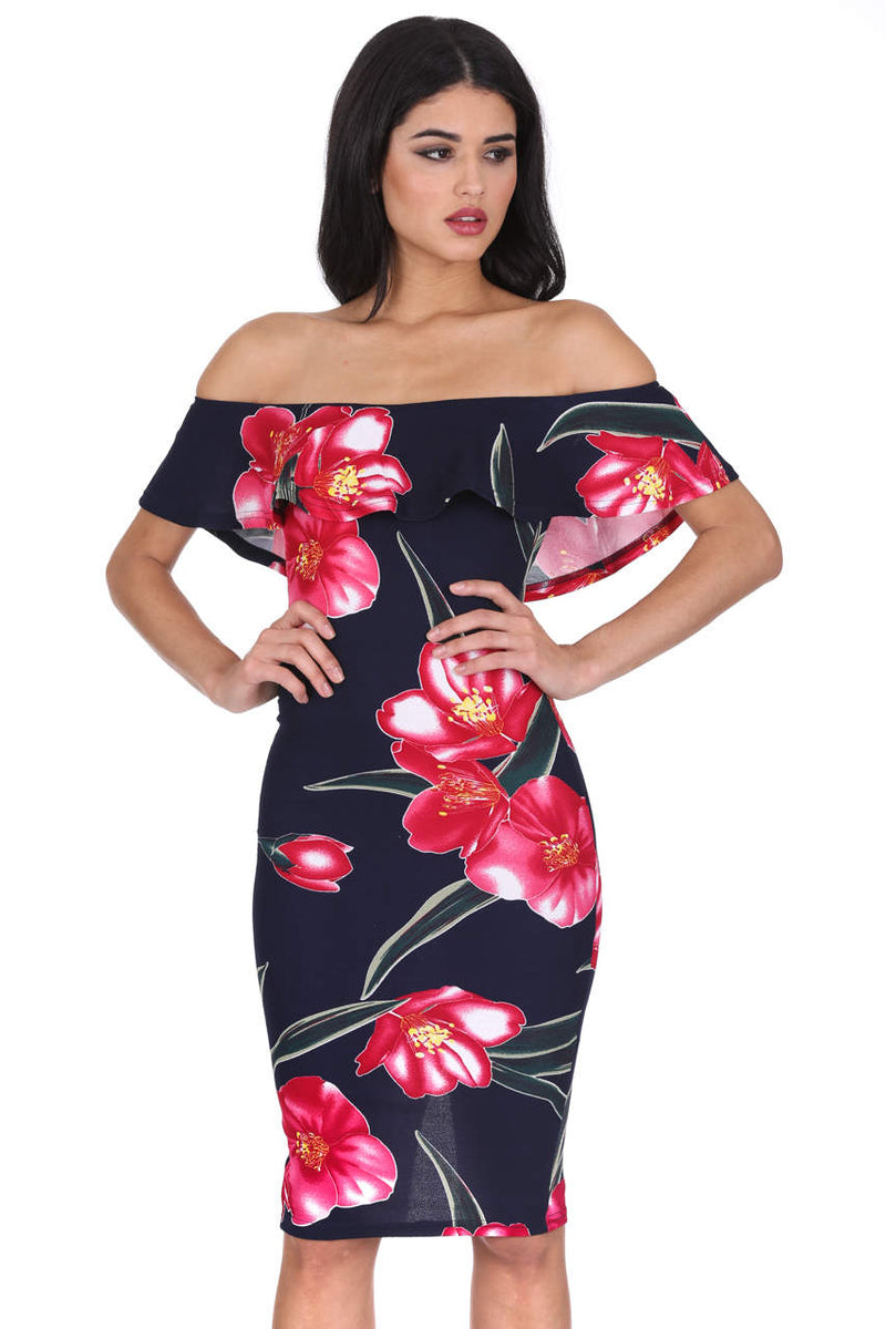 Navy Floral Ruffle Off The Shoulder Dress